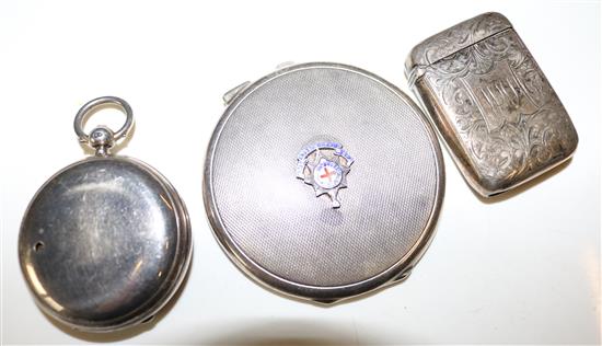 Silver cased pocket barometer, silver compact and a vesta